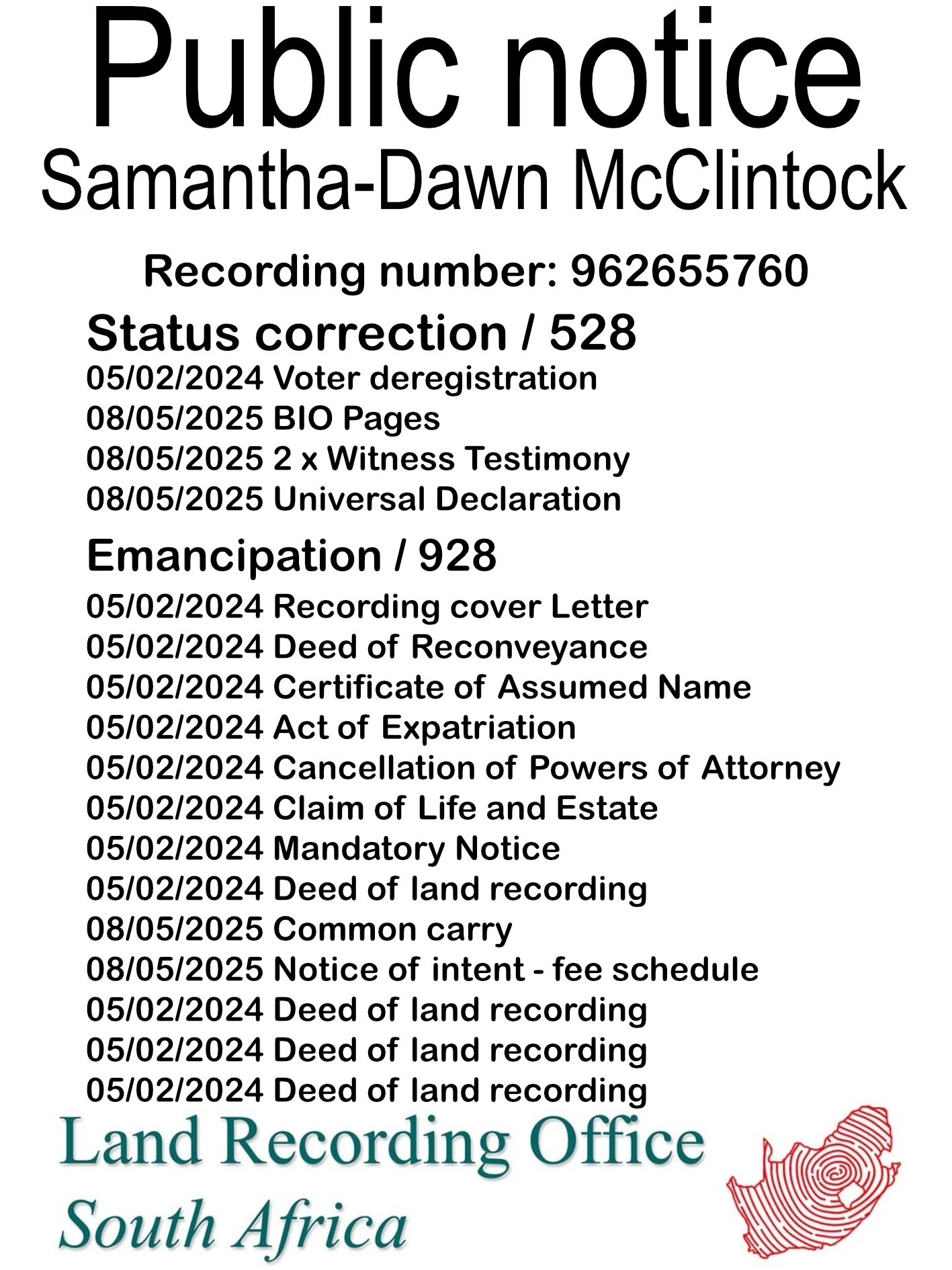 Public Notice Samantha-Dawn McClintock (c) Recording number 962655760
